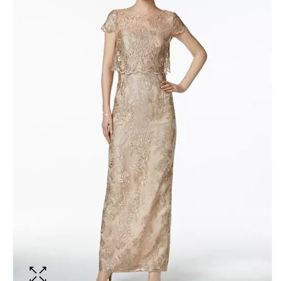 Adrianna Papell Beige Gold Bodice Overlay Lace Gown Size 6 - Picture 1 of 13